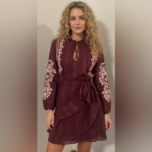DOLAN Anthropologie Amber Burgundy Metallic Thread Wrap Embroidered Dress Medium - Picture 1 of 9